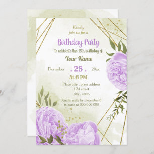 purple flowers greenery birthday party invitation