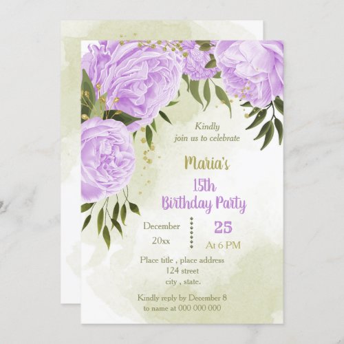 purple flowers greenery birthday party invitation