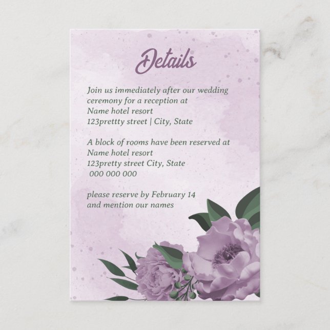purple flowers greenery botanical wedding enclosure card (Front)