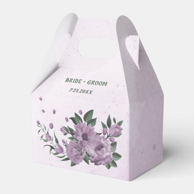 purple flowers greenery botanical wedding favor boxes (Front Side)