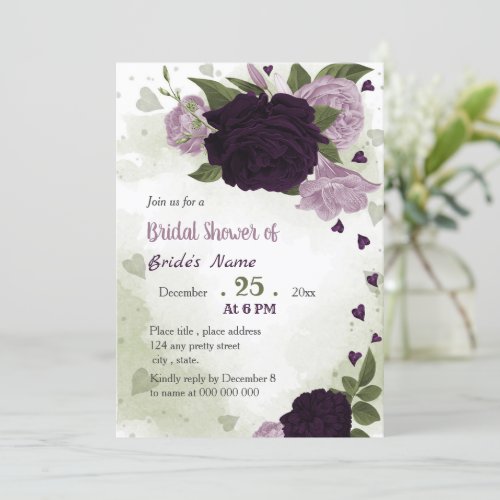 purple flowers greenery bridal shower invitation