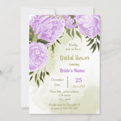 purple flowers greenery bridal shower invitation