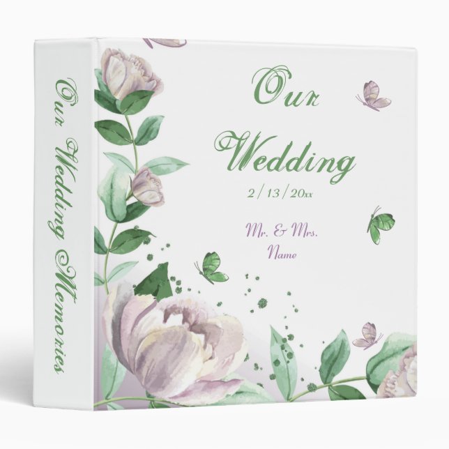 purple flowers greenery butterflies photo album 3 ring binder (Front/Spine)