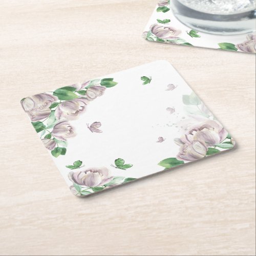 purple flowers greenery butterflies square paper coaster