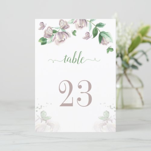 purple flowers greenery butterflies table number