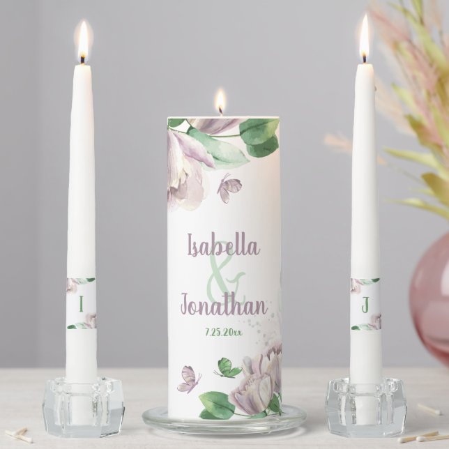 purple flowers greenery butterflies wedding unity candle set (In Situ)