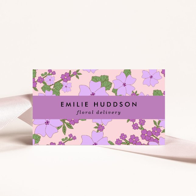 Purple Flowers, Greenery, Florist, Flower Shop Business Card (Creator Uploaded)