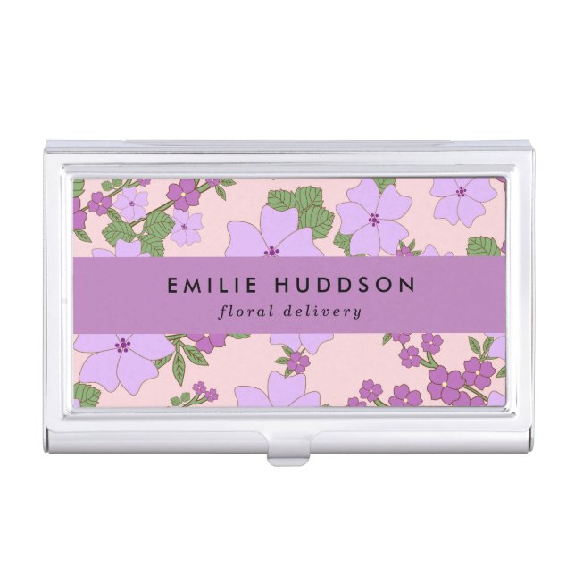 Purple Flowers, Greenery, Florist, Flower Shop Business Card Case (Front)