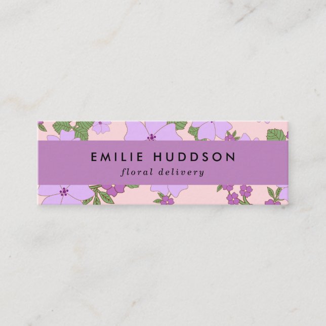 Purple Flowers, Greenery, Florist, Flower Shop Mini Business Card (Front)