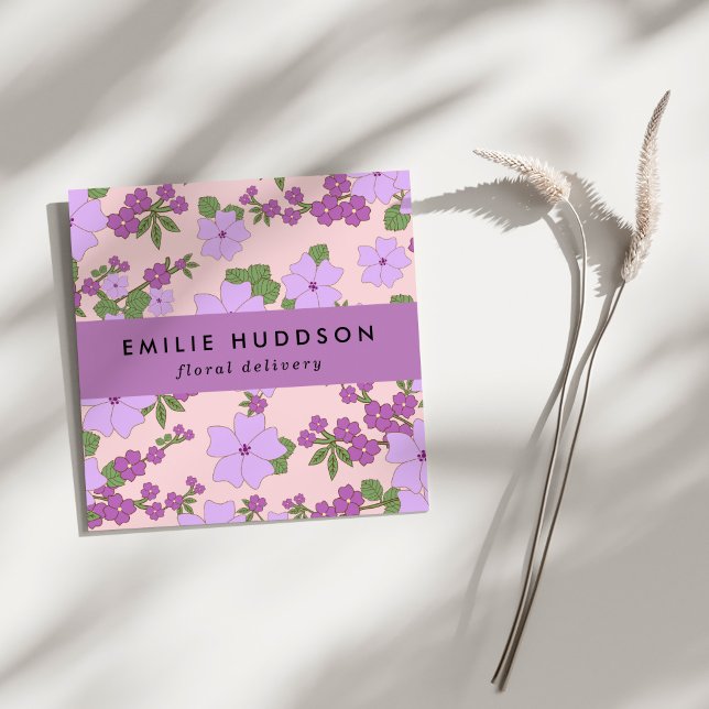 Purple Flowers, Greenery, Florist, Flower Shop Square Business Card (Creator Uploaded)