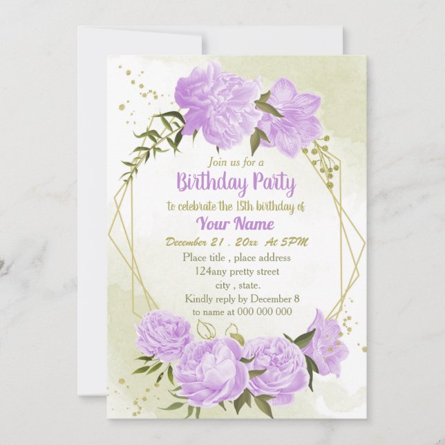 purple flowers greenery geometric birthday party invitation (Front)