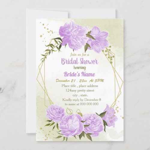purple flowers greenery geometric bridal shower invitation