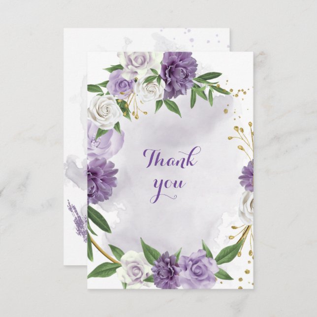 purple flowers greenery gold thank you card (Front/Back)