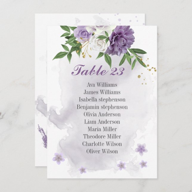 purple flowers greenery seating chart card (Front/Back)
