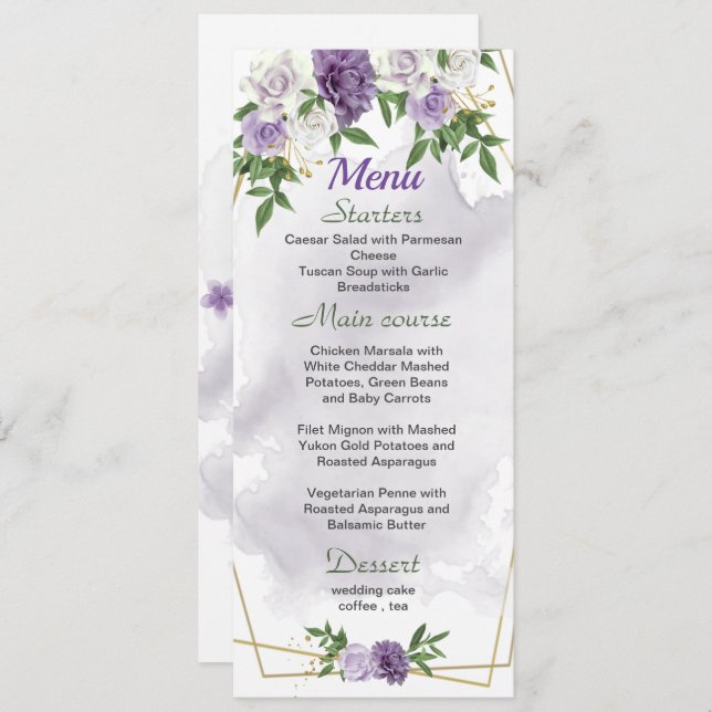 purple flowers greenery wedding menu (Front/Back)