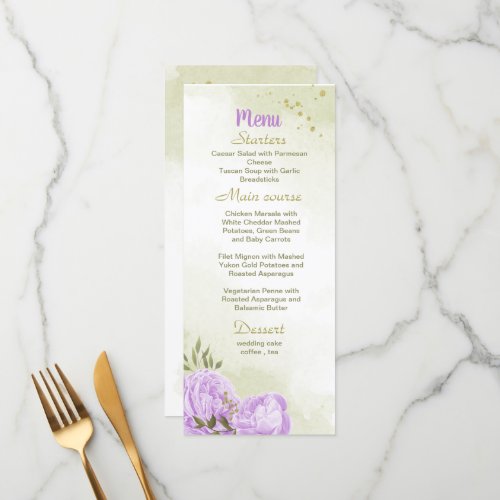 purple flowers greenery wedding menu