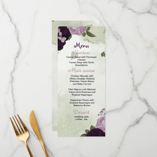 purple flowers greenery wedding menu