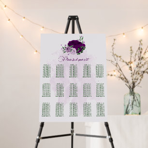  purple flowers greenery wedding seating chart foam board