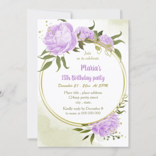 purple flowers greenery wreath birthday party invitation