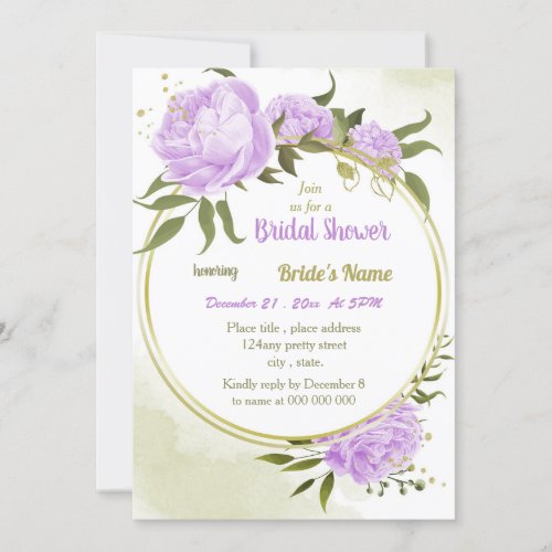 purple flowers greenery wreath bridal shower invitation