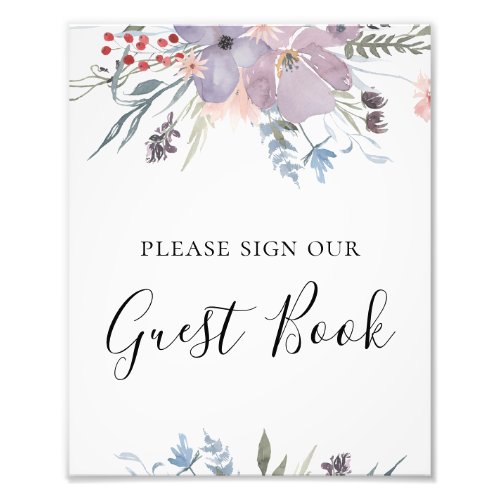 Purple flowers guest book sign Botanical wedding Photo Print