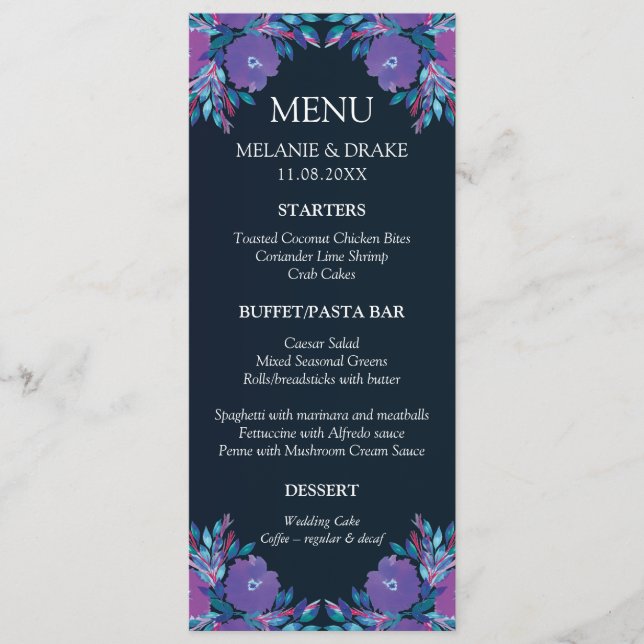 Purple Flowers Handpainted Menu Card (Front)