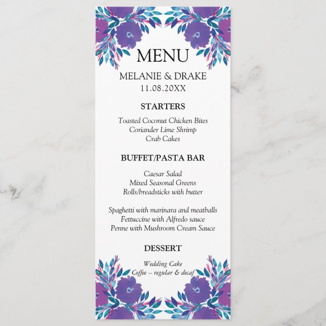 Purple Flowers Handpainted Menu Card (Front)