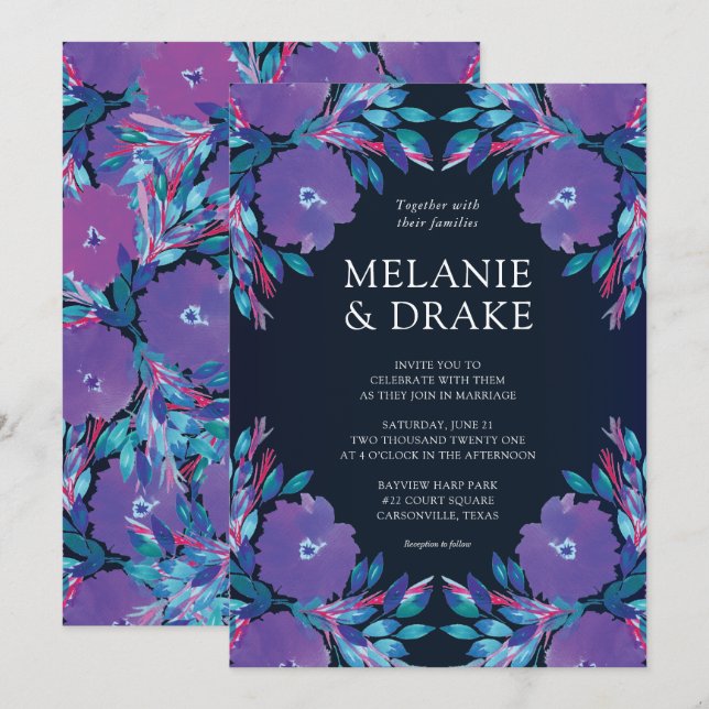 Purple Flowers Handpainted Wedding Invitation (Front/Back)