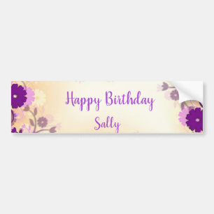 Purple flowers happy birthday bumper sticker