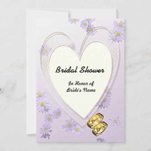 Purple Flowers Heart Frame Rings Bridal Shower Invitation