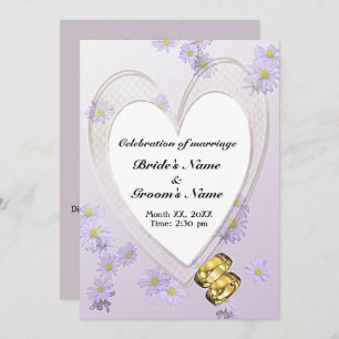 Purple Flowers, Heart Frame, Rings, Wedding Invite
