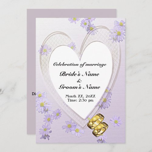 Purple Flowers Heart Frame Rings Wedding Invite