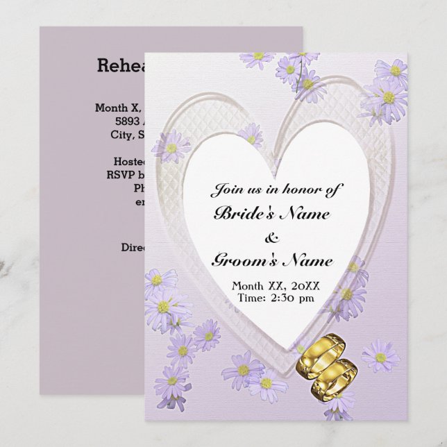 Purple Flowers, Heart, Rings, Rehearsal Dinner Invitation (Front/Back)