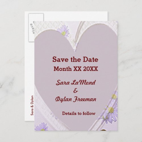 Purple Flowers Heart Rings Save the Date PCard Announcement Postcard