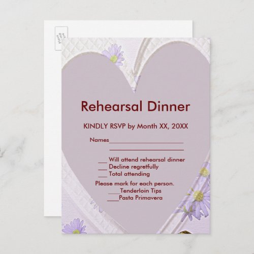 Purple Flowers Heart RSVP Rehearsal Dinner Pard Invitation Postcard