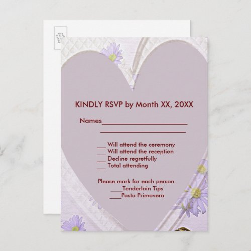 Purple Flowers Heart Wedding Dinner RSVP Postcard