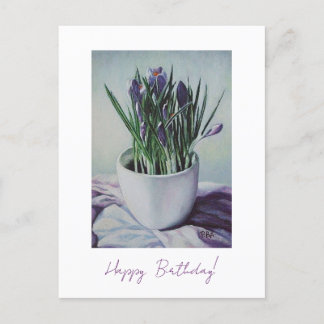 Purple flowers in a cup painting birthday art card