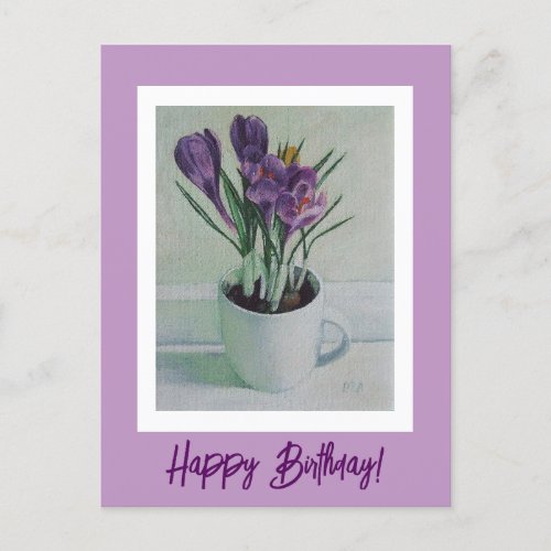 Purple flowers in a cup painting birthday art card