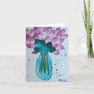 PURPLE FLOWERS IN BLUE GREEN VASE CARD