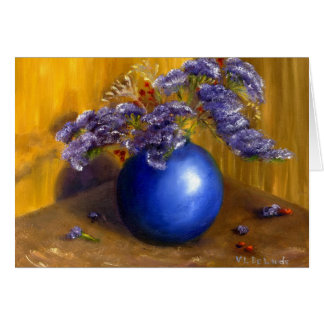 Purple flowers in Blue Vase and Gold Background