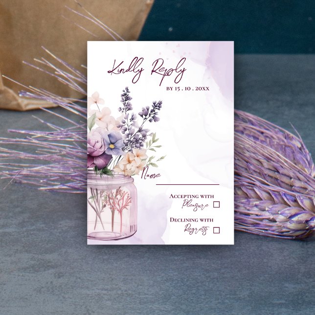 Purple Flowers In Mason Jar Elegant Floral Wedding RSVP Card (Purple Flowers In Mason Jar Elegant Floral Wedding RSVP Card)