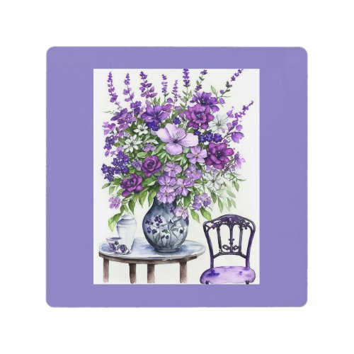 Purple Flowers in White Vase on Table Art