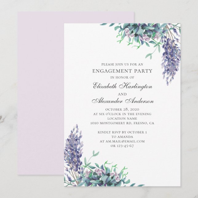 Purple flowers. Lavender floral engagement party Invitation (Front/Back)