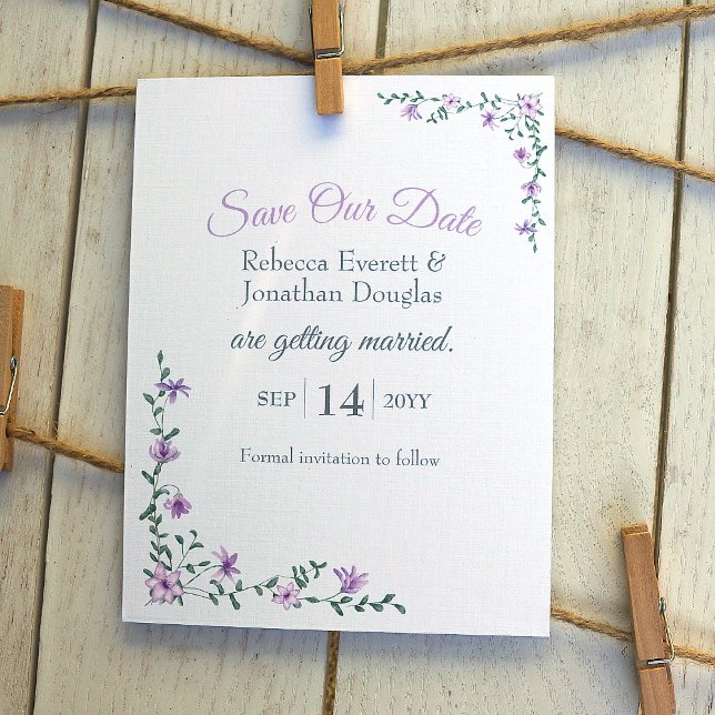 Purple Flowers, Leafy Vines Wedding Save Our Date Invitation (lavender purple flowers wedding save our date card, dusty purple lilies)