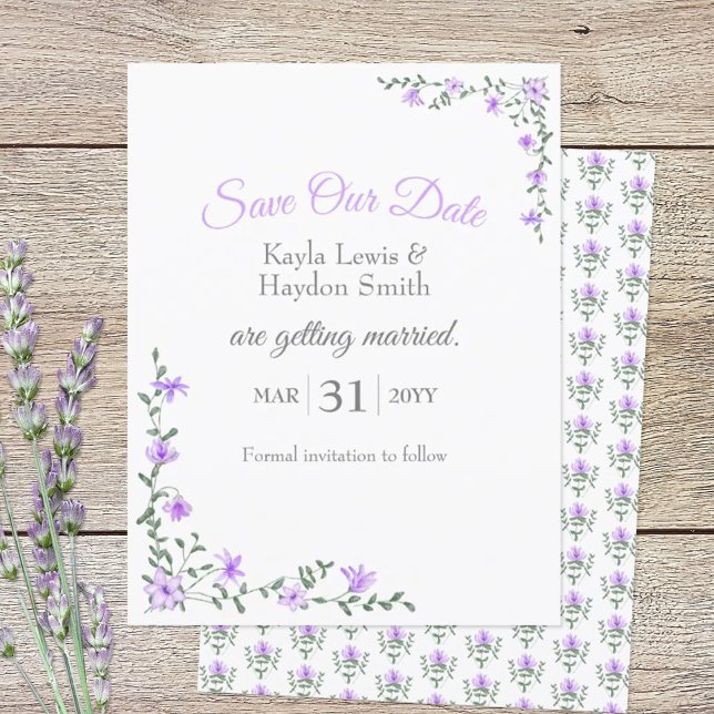 Purple Flowers, Leafy Vines Wedding Save Our Date Invitation (lavender flowers Save Our Date wedding stationery)