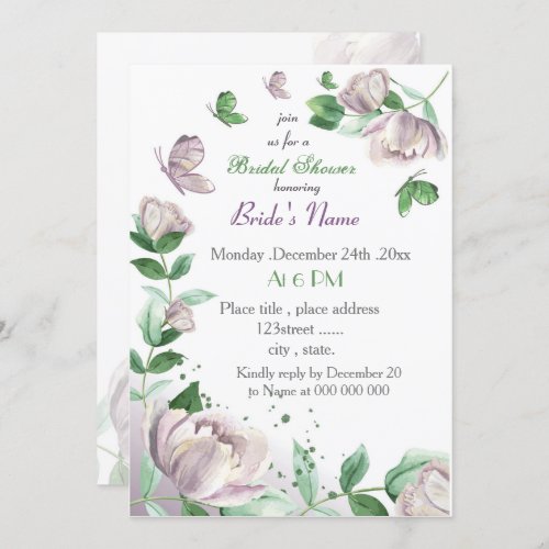 purple flowers  leaves butterflies bridal shower  invitation