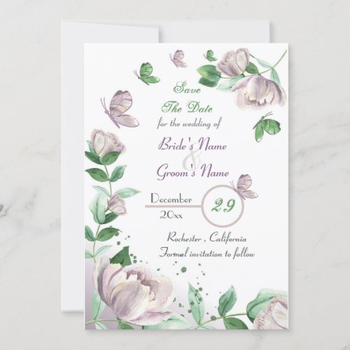 purple flowers  leaves butterflies save the date  invitation