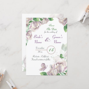 purple flowers & leaves butterflies save the date  invitation