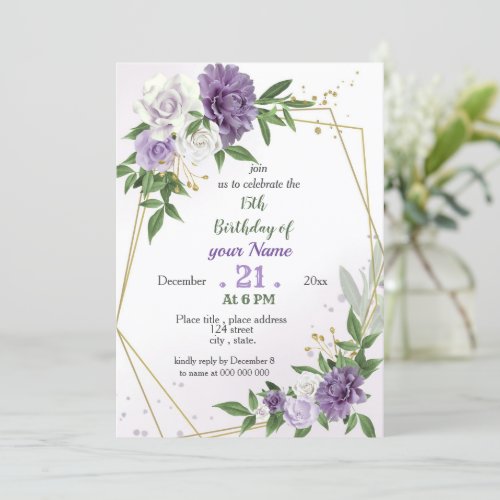 purple flowers  leaves geometric birthday invitation