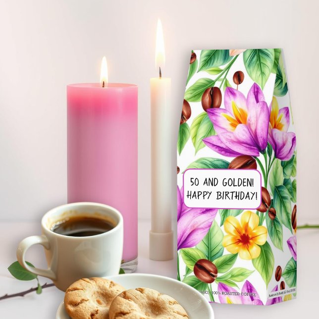 Purple flowers, leaves pattern 50 Birthday quote Roasted Coffee (Creator Uploaded)